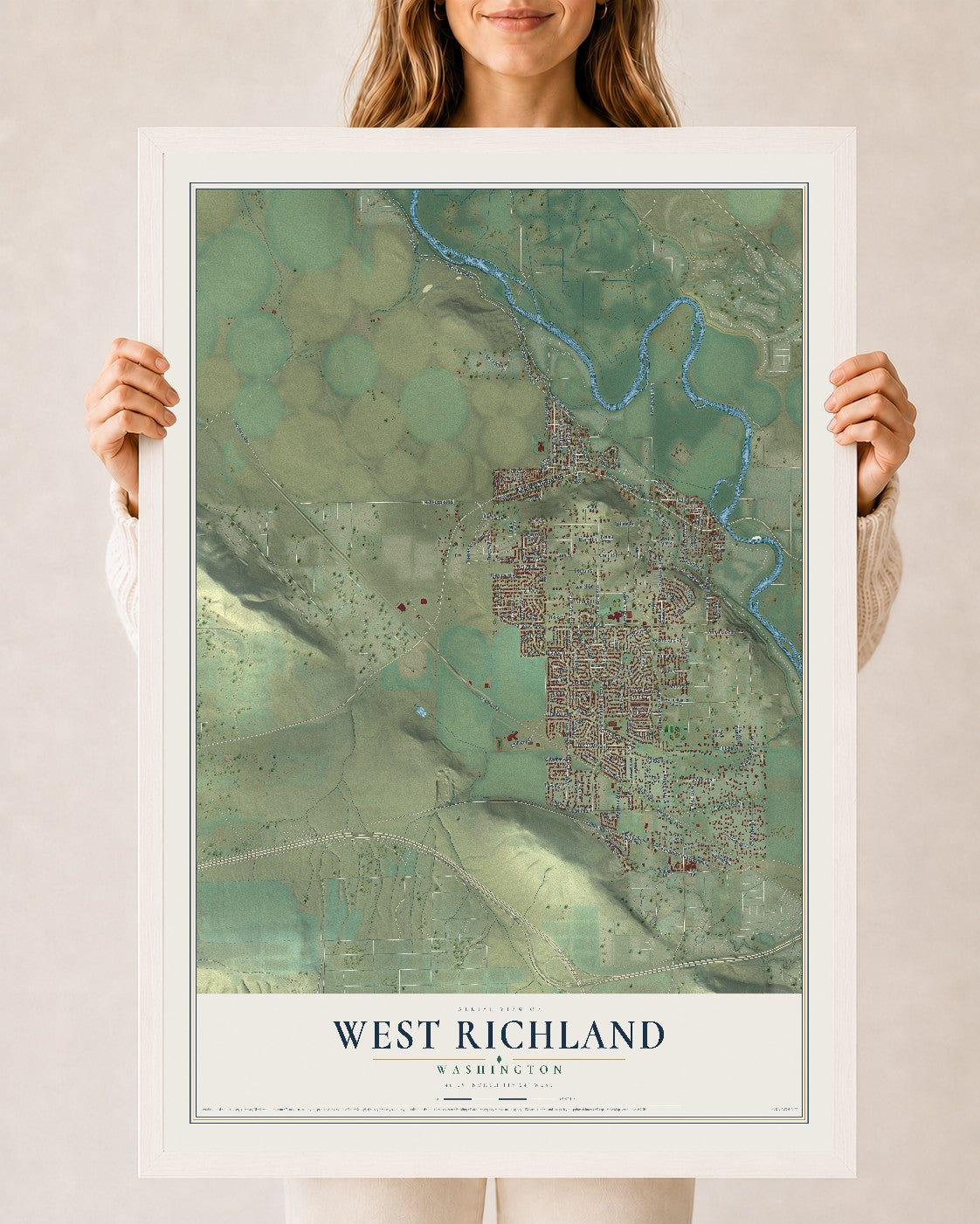 Map of West Richland, Washington, 24 x 36 inch print in a white wood frame