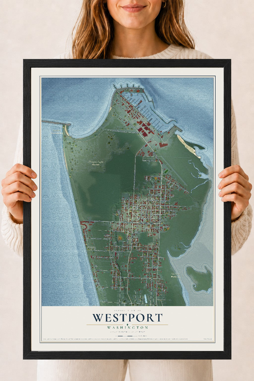 Map of Westport, Washington, 18 x 24 inch print in a black wood frame