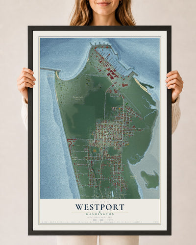 Map of Westport, Washington, 24 x 36 inch print in a black wood frame