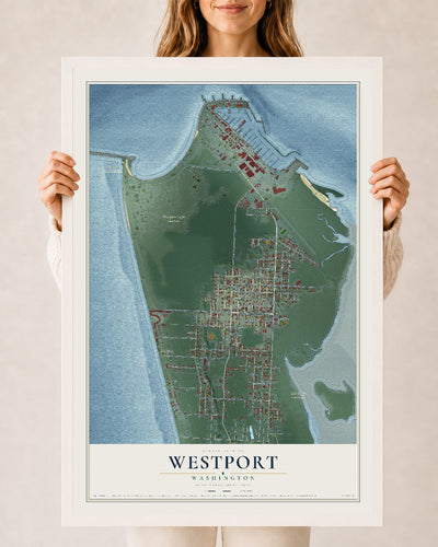 Map of Westport, Washington, 24 x 36 inch print in a white wood frame