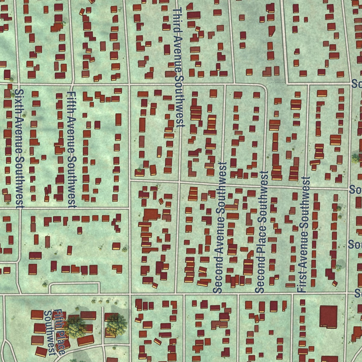Close-up of the map of White Center, Washington print showing street and building detail
