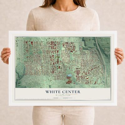 Map of White Center, Washington, 12 x 18 inch print in a white wood frame