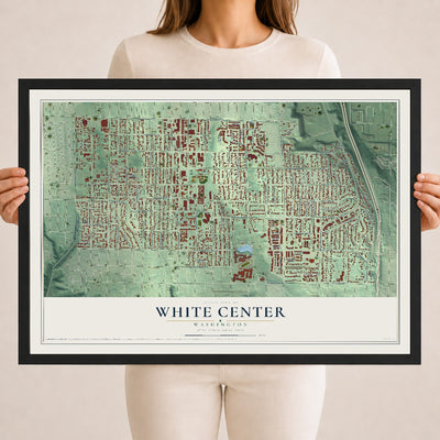 Map of White Center, Washington, 18 x 24 inch print in a black wood frame