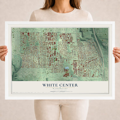 Map of White Center, Washington, 18 x 24 inch print in a white wood frame