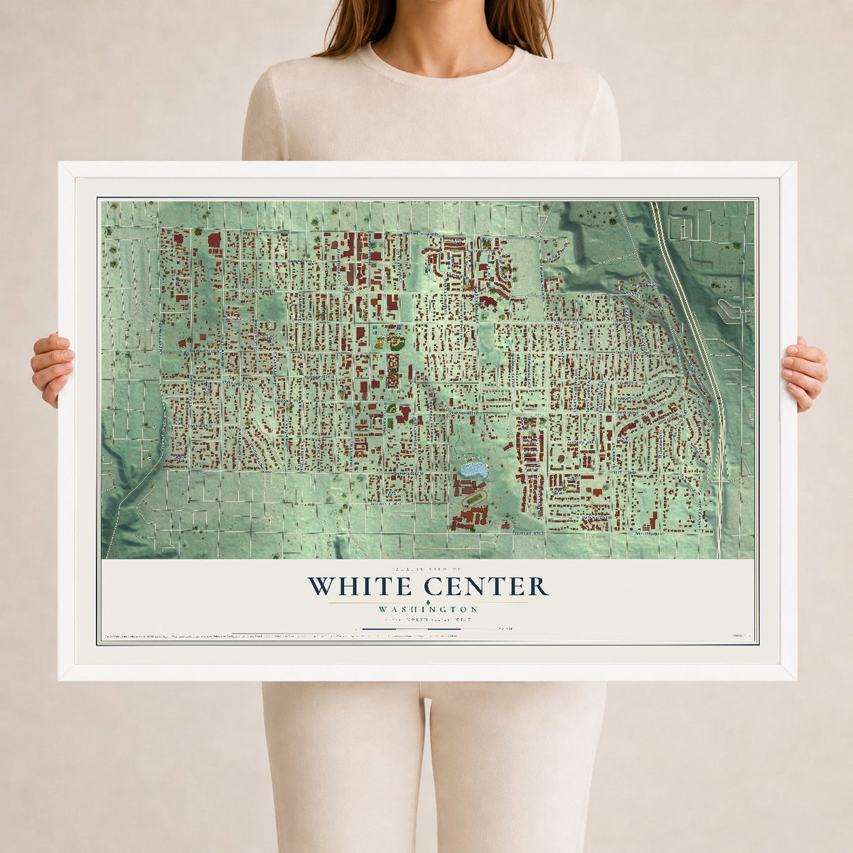 Map of White Center, Washington, 24 x 36 inch print in a white wood frame