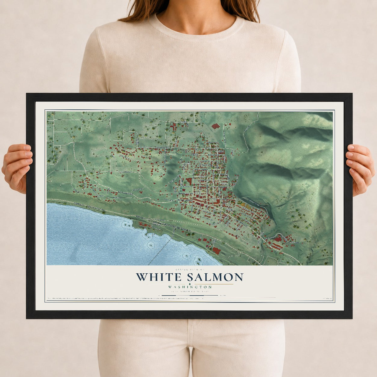 Map of White Salmon, Washington, 12 x 18 inch print in a black wood frame