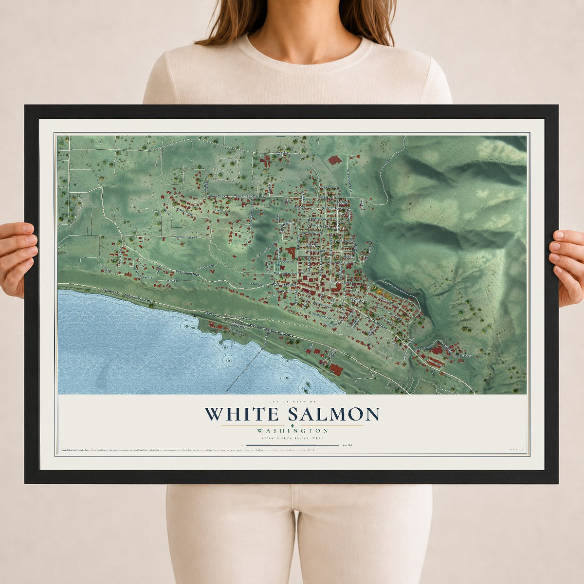Map of White Salmon, Washington, 18 x 24 inch print in a black wood frame