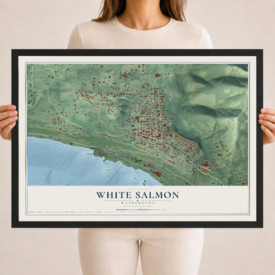 Map of White Salmon, Washington, 18 x 24 inch print in a black wood frame