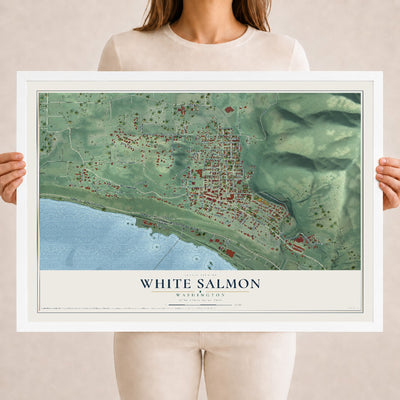 Map of White Salmon, Washington, 18 x 24 inch print in a white wood frame