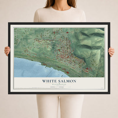 Map of White Salmon, Washington, 24 x 36 inch print in a black wood frame