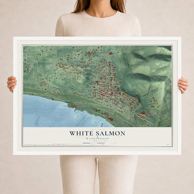 Map of White Salmon, Washington, 24 x 36 inch print in a white wood frame