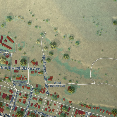 Second close-up of the map of Wilbur, Washington print showing more streets and buildings