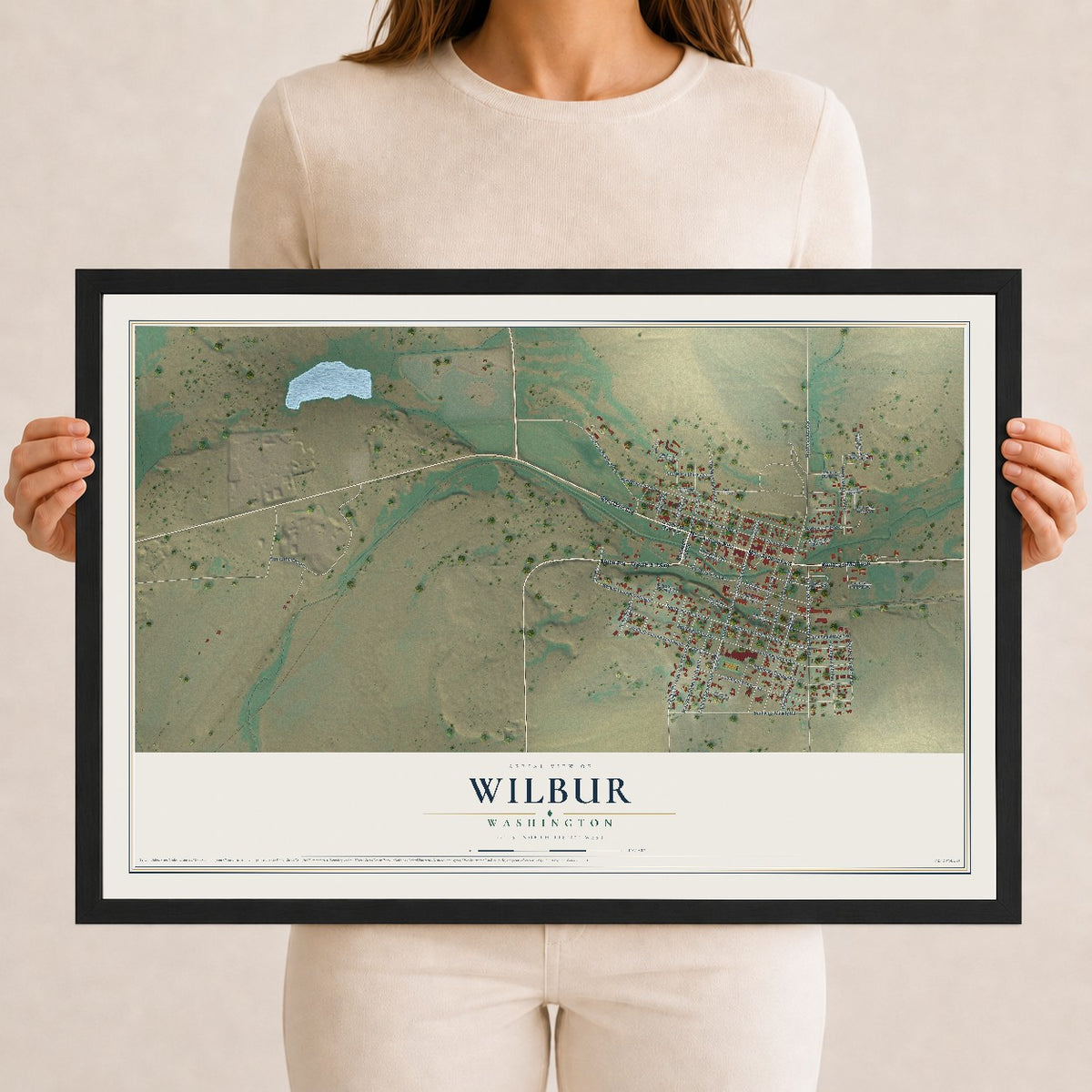 Map of Wilbur, Washington, 12 x 18 inch print in a black wood frame