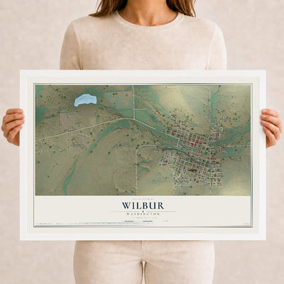 Map of Wilbur, Washington, 12 x 18 inch print in a white wood frame