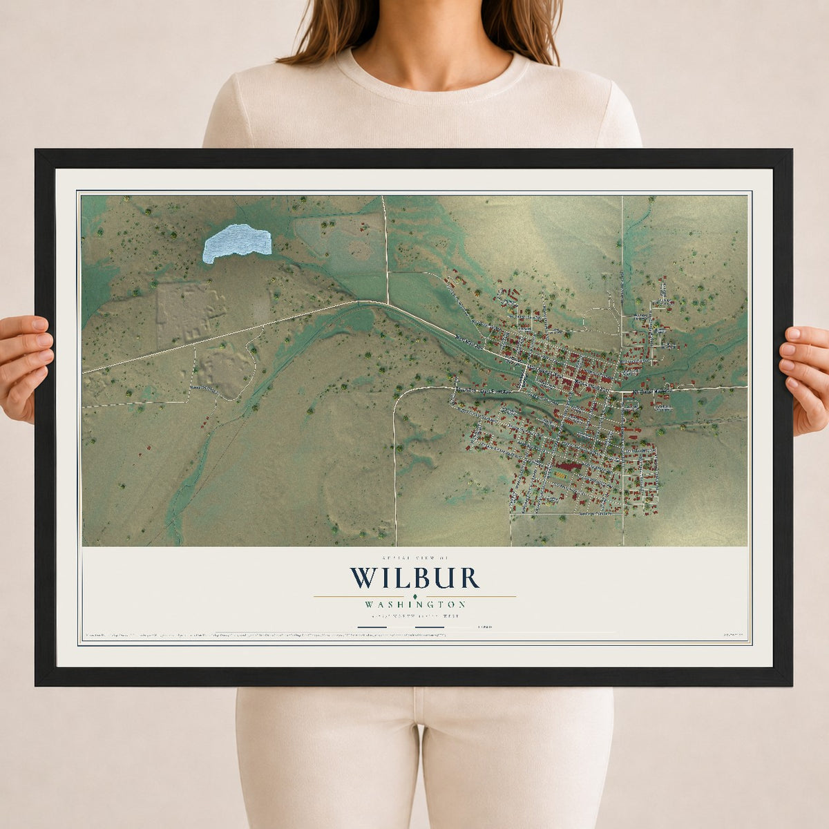 Map of Wilbur, Washington, 18 x 24 inch print in a black wood frame