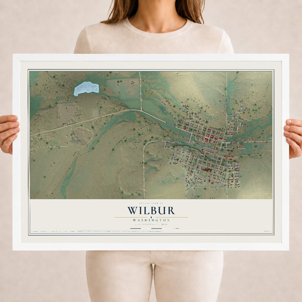 Map of Wilbur, Washington, 18 x 24 inch print in a white wood frame