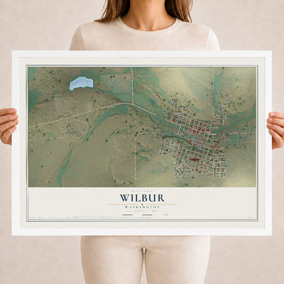 Map of Wilbur, Washington, 18 x 24 inch print in a white wood frame