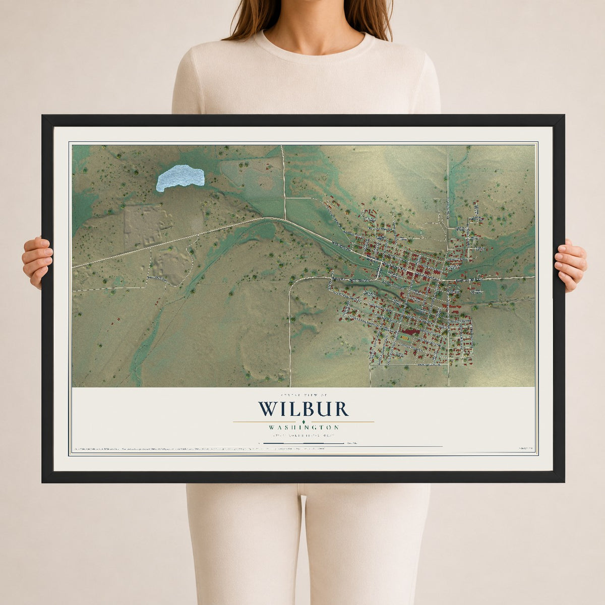 Map of Wilbur, Washington, 24 x 36 inch print in a black wood frame