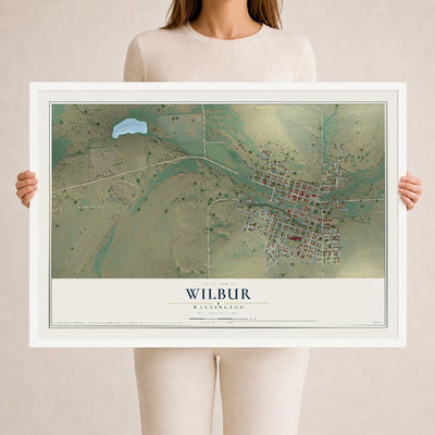Map of Wilbur, Washington, 24 x 36 inch print in a white wood frame