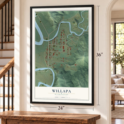 Willapa, Washington map, 24 x 36 inch print in a black frame by a staircase
