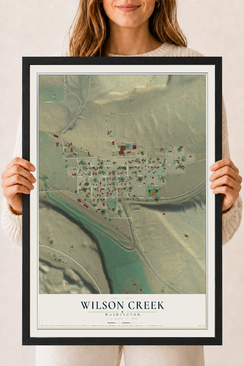 Map of Wilson Creek, Washington, 18 x 24 inch print in a black wood frame