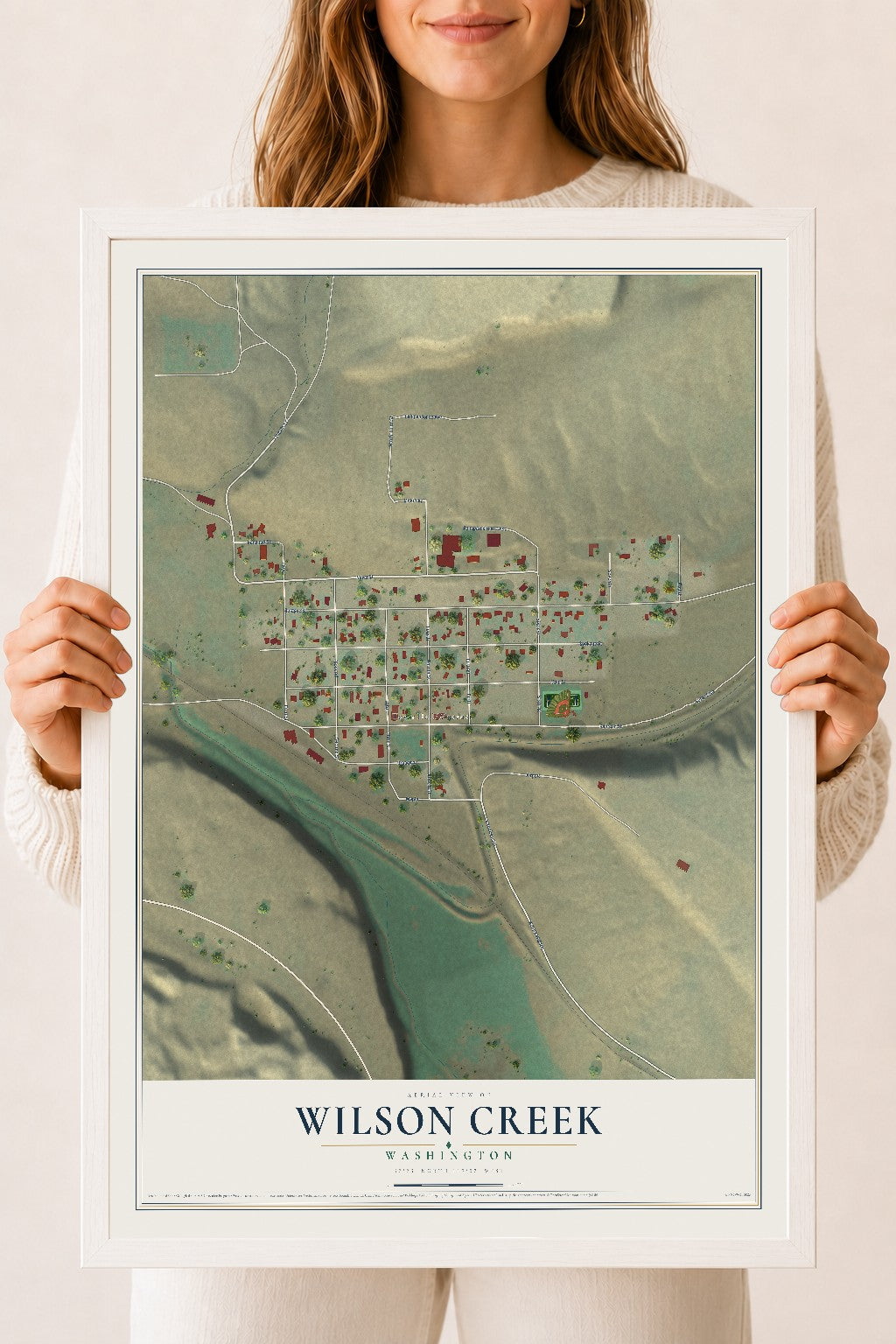 Map of Wilson Creek, Washington, 18 x 24 inch print in a white wood frame