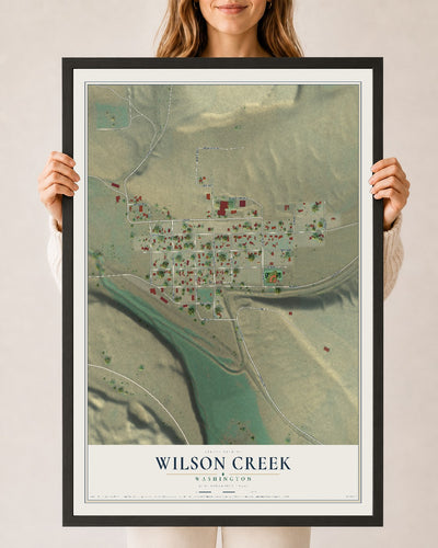 Map of Wilson Creek, Washington, 24 x 36 inch print in a black wood frame