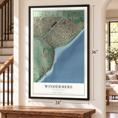 Windermere, Washington map, 24 x 36 inch print in a black frame by a staircase