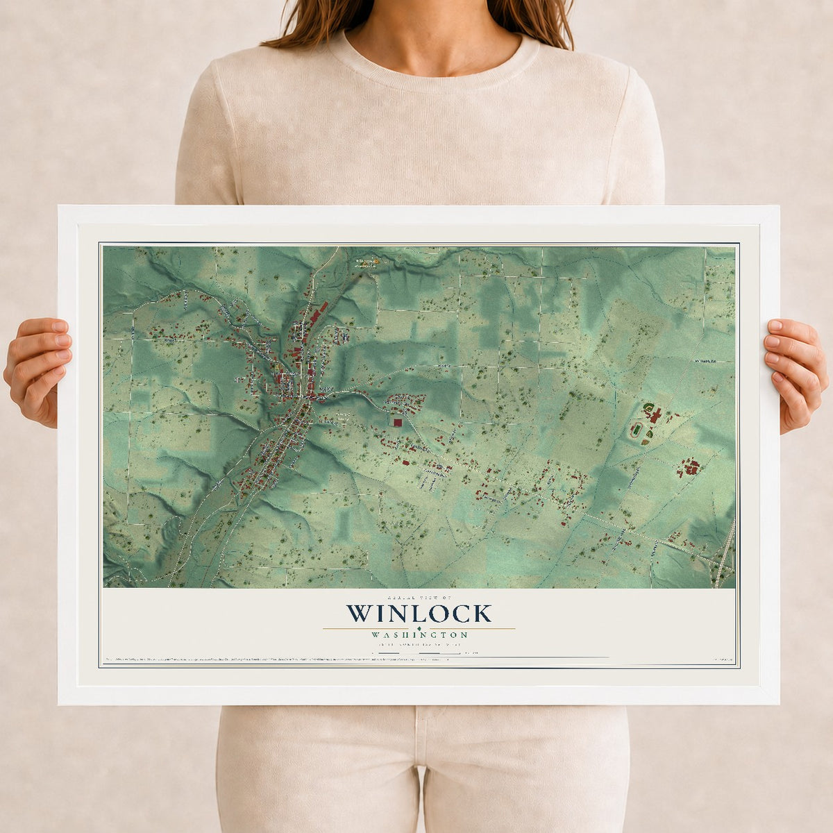 Map of Winlock, Washington, 12 x 18 inch print in a white wood frame