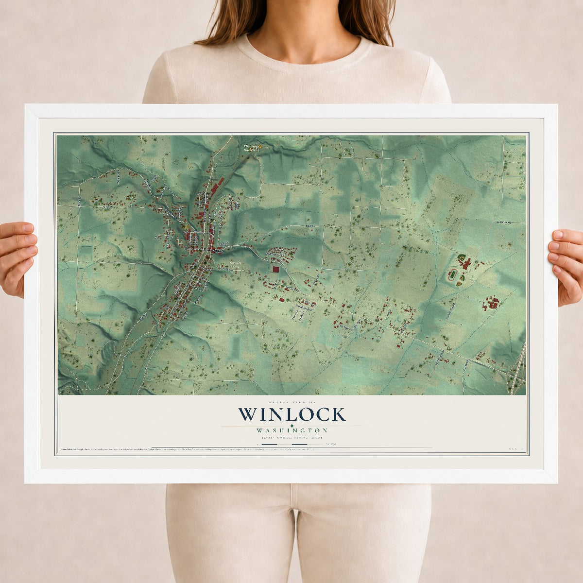 Map of Winlock, Washington, 18 x 24 inch print in a white wood frame