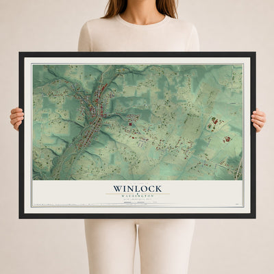 Map of Winlock, Washington, 24 x 36 inch print in a black wood frame