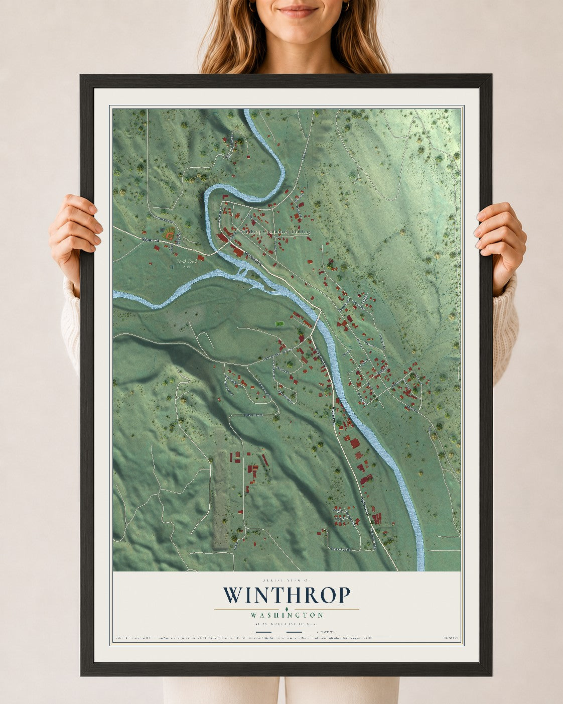 Map of Winthrop, Washington, 24 x 36 inch print in a black wood frame