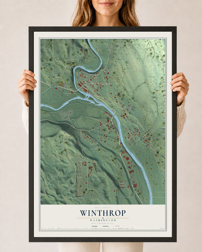 Map of Winthrop, Washington, 24 x 36 inch print in a black wood frame