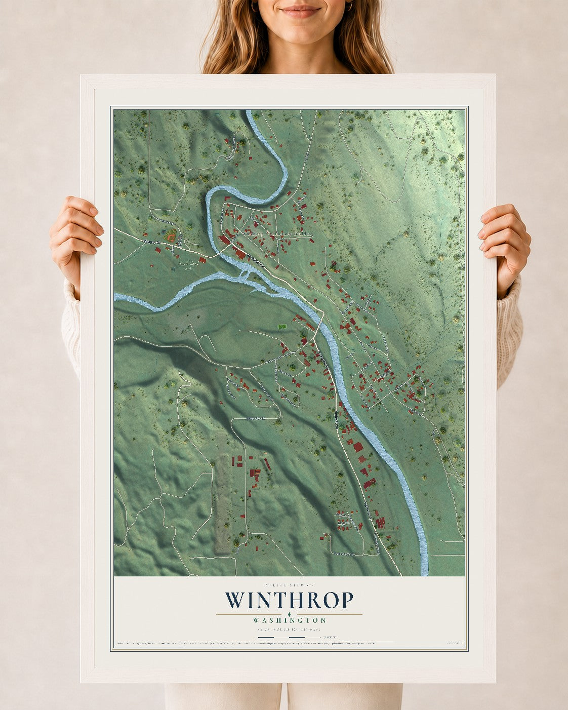 Map of Winthrop, Washington, 24 x 36 inch print in a white wood frame