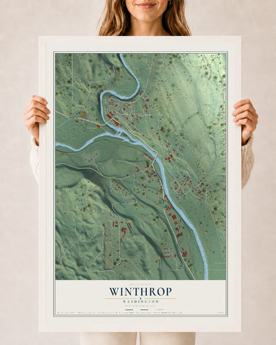 Map of Winthrop, Washington, 24 x 36 inch print in a white wood frame