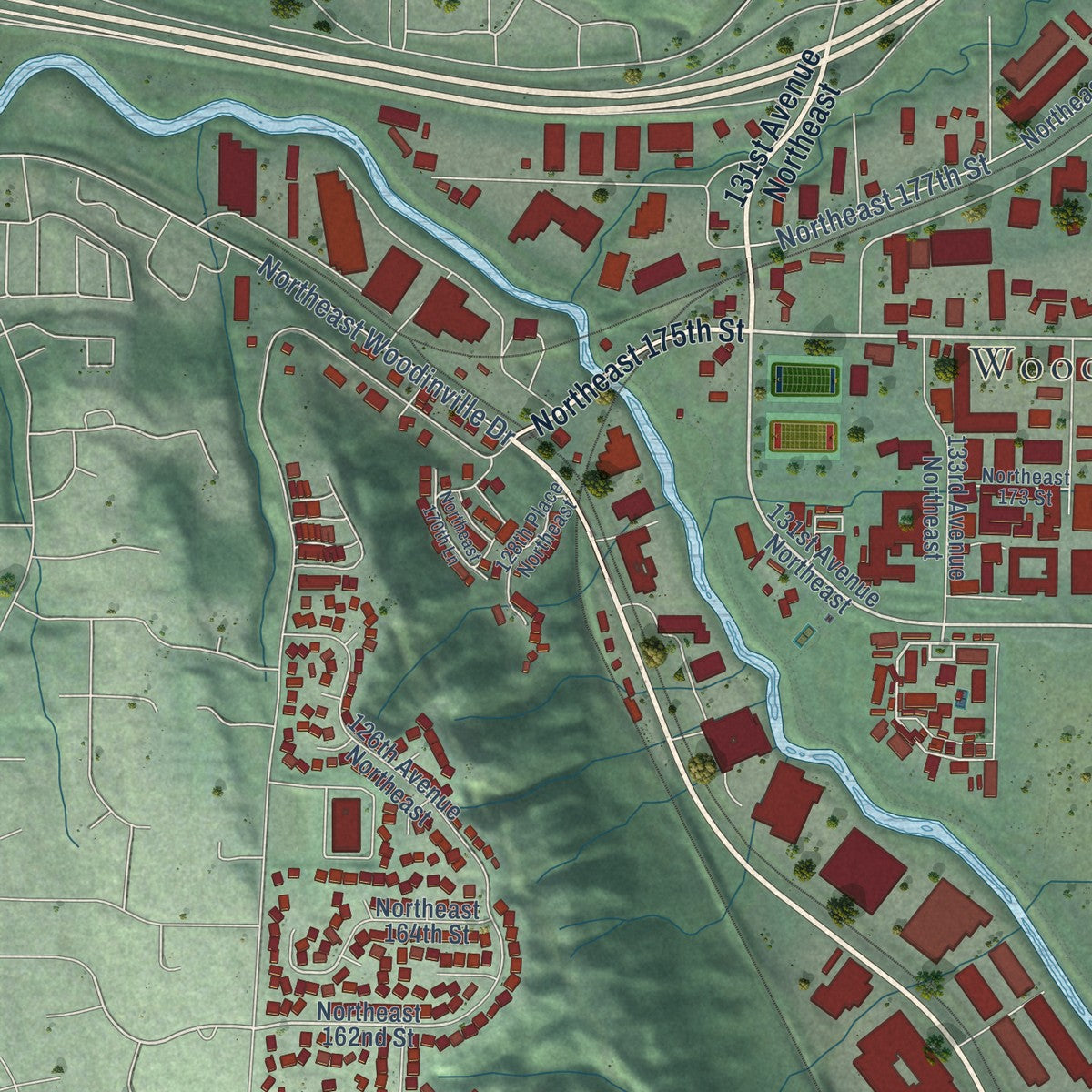 Second close-up of the map of Woodinville, Washington print showing more streets and buildings