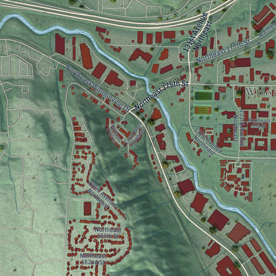 Second close-up of the map of Woodinville, Washington print showing more streets and buildings