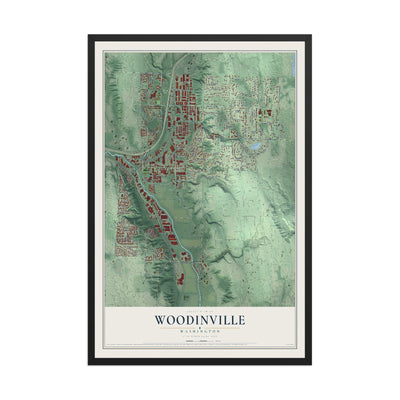 Map of Woodinville, Washington, 12 x 18 inch print in a black wood frame