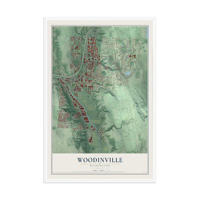 Map of Woodinville, Washington, 12 x 18 inch print in a white wood frame