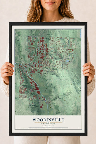 Map of Woodinville, Washington, 18 x 24 inch print in a black wood frame