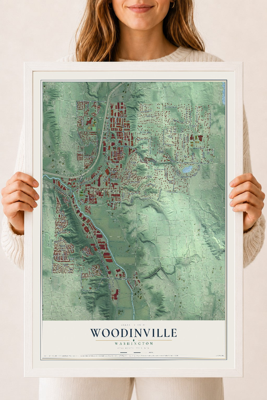 Map of Woodinville, Washington, 18 x 24 inch print in a white wood frame