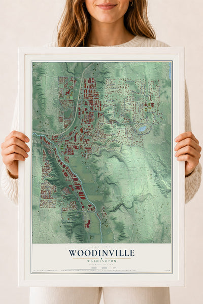 Map of Woodinville, Washington, 18 x 24 inch print in a white wood frame