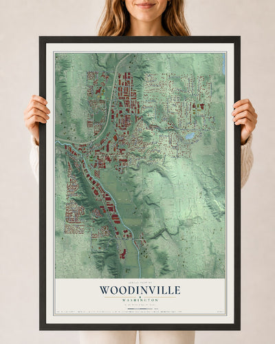 Map of Woodinville, Washington, 24 x 36 inch print in a black wood frame