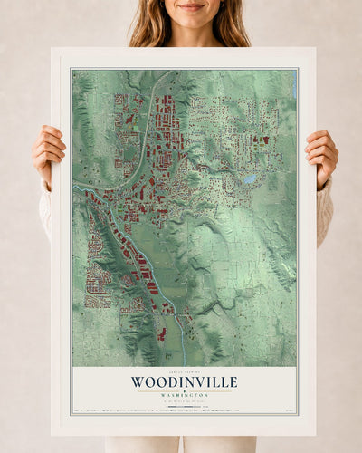 Map of Woodinville, Washington, 24 x 36 inch print in a white wood frame