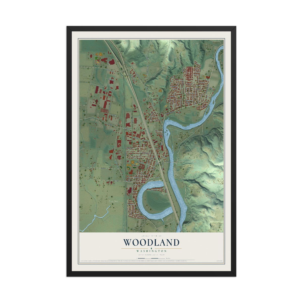 Map of Woodland, Washington, 12 x 18 inch print in a black wood frame