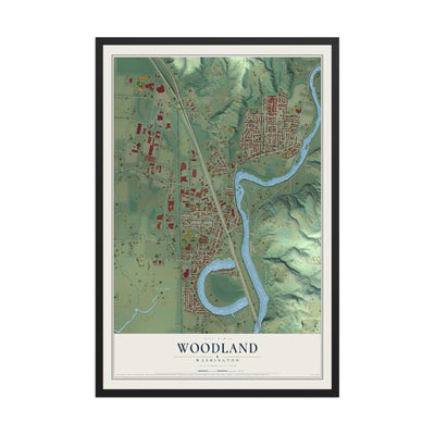 Map of Woodland, Washington, 12 x 18 inch print in a black wood frame