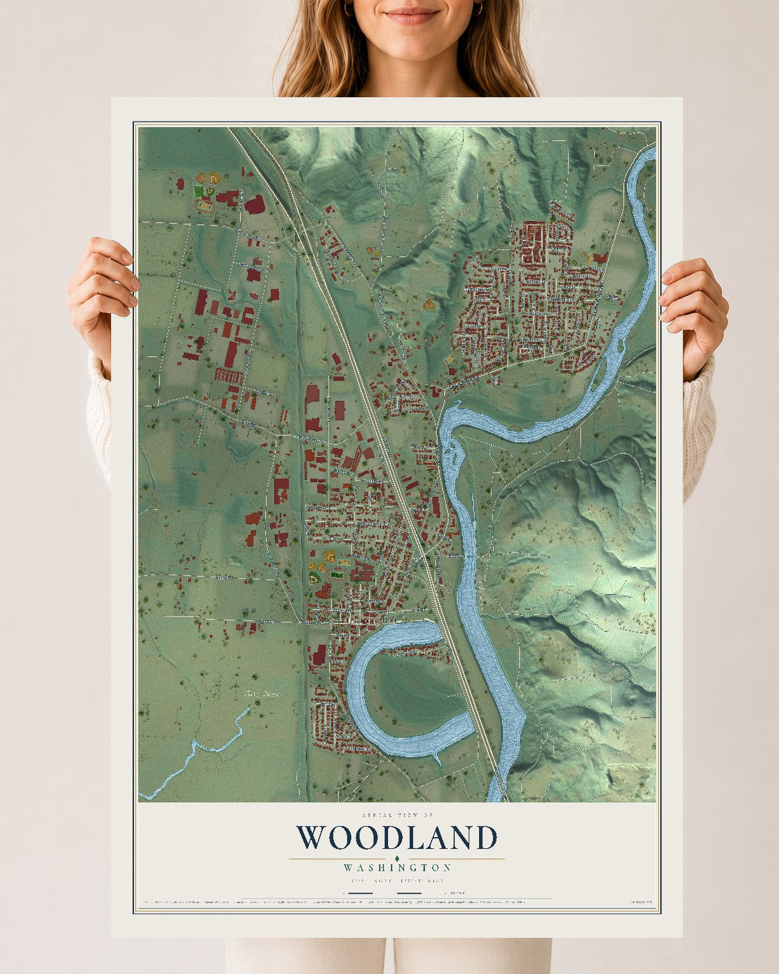 Map of Woodland, Washington, 24 x 36 inch unframed archival matte print