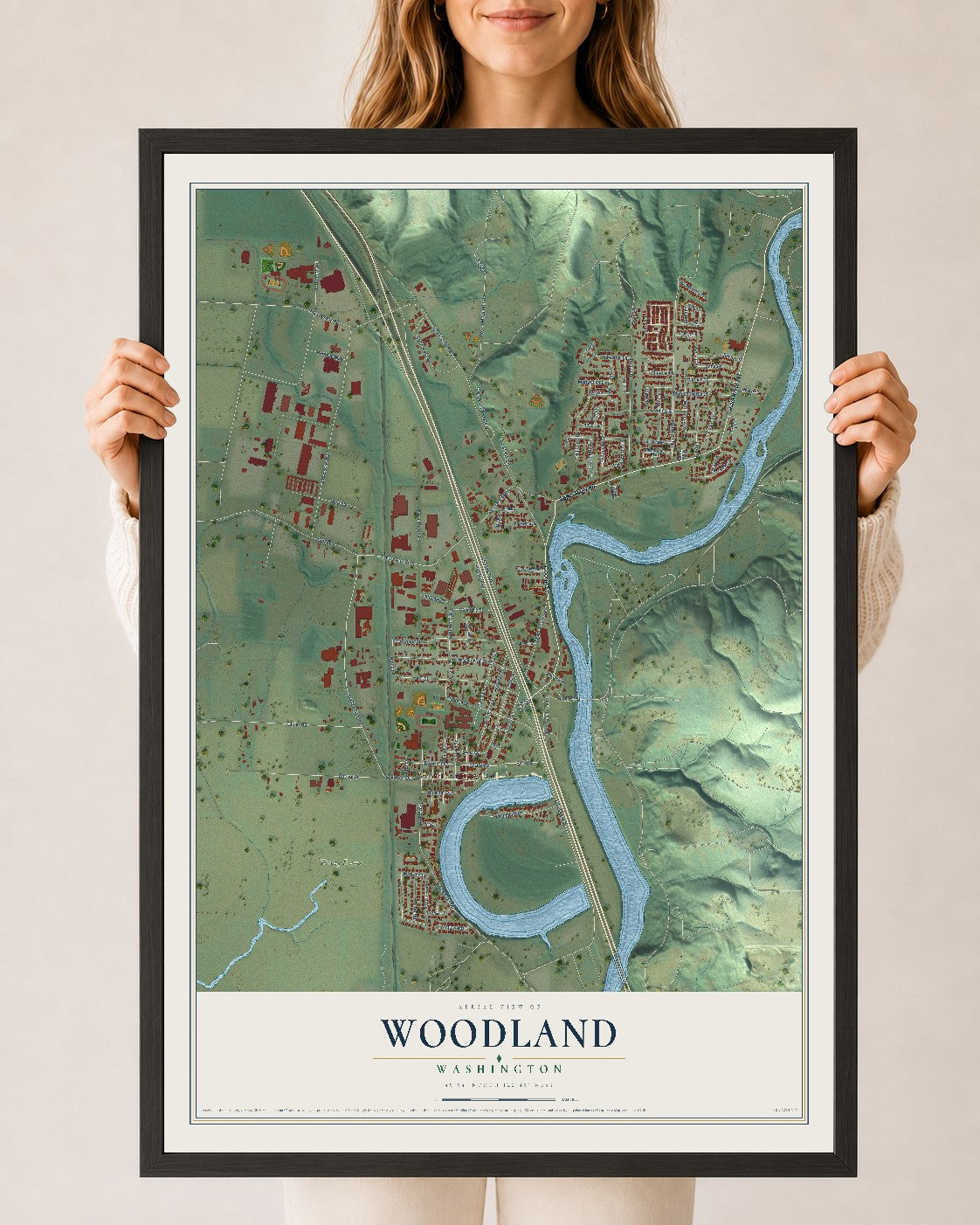 Map of Woodland, Washington, 24 x 36 inch print in a black wood frame