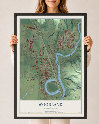 Map of Woodland, Washington, 24 x 36 inch print in a black wood frame