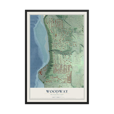 Map of Woodway, Washington, 12 x 18 inch print in a black wood frame